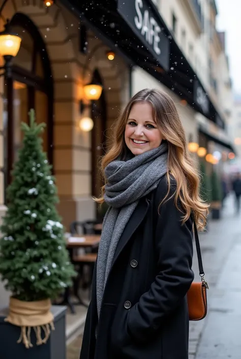 A happy stylish 50 year old slightly curvy woman in a black winter coat and a thick gray scarf standing outside a European-style café during snowfall. She has a long flowing farrah faucet hair  and carries a small brown handbag. The café exterior features ...