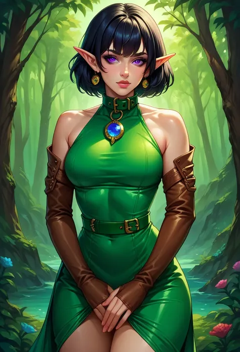 anime girl, elf girl, beautiful, 19 years old, young girl, bob haircut, black hair, purple eyes, palid skin, golden earrings, dark green sheath dress, tight dress, black top of dress, the dress covers all of the chest, leather belt, bare shoulders, brown s...