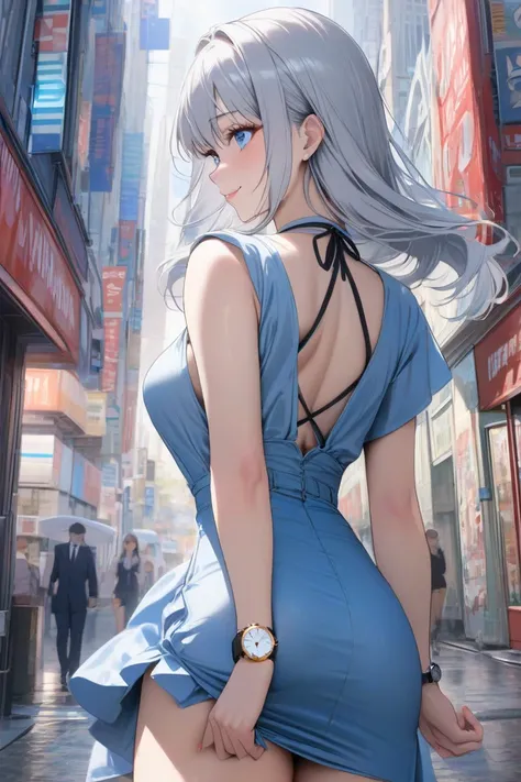  top quality,  masterpiece,   high res, 8k, ( girl),  alone, (((Watch ))),   Silver-haired and blue-eyed ,  Beautiful Russian Girl , Walking through the streets of Akihabara , smile,  light blue mini dress