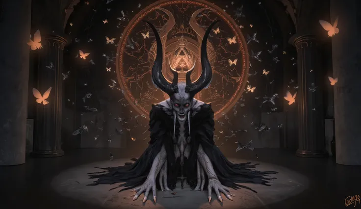 A demon with glowing horns and circles behind him showing demonic writing. Dark background, dark colors, bright glowing lights. Hundreds of tiny black butterflies. 