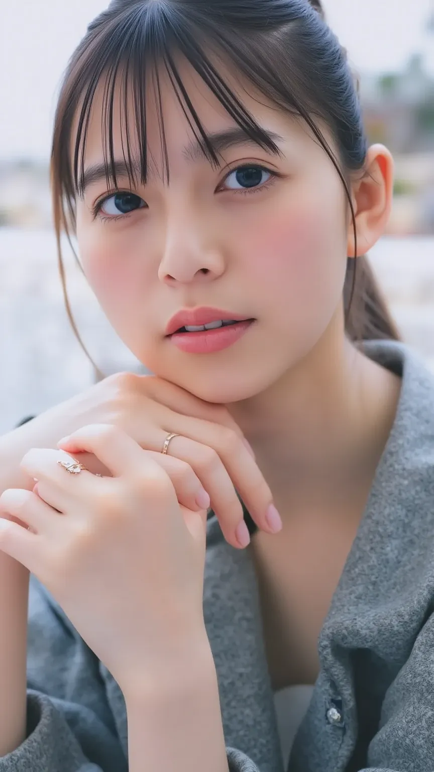  masterpiece,  top quality, 8k,  super high resolution 、((( putting his head on his lap)))、 22 years old,  Tiny Breasts ,  cute,  alone, smile、  cute, ,  cute、 Delicate Girl,  pure beauty,   RAW Photo,  photo shoot by a pro, Soft light,  professional light...