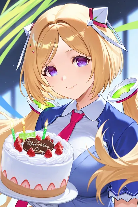 Aki Rosenthal, soro, 1 woman, long hair, blonde hair, parted bangs, bob cut, detached hair, floating low twintails, hair ornament, headgear, purple eyes, large breasts, smile, birthday cake