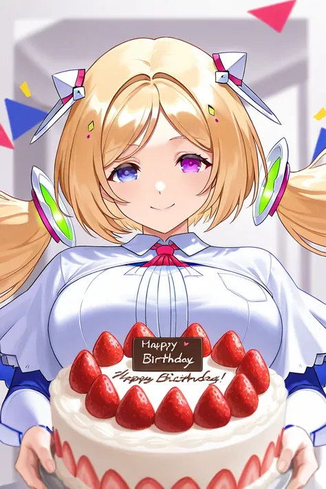 Aki Rosenthal, soro, 1 woman, long hair, blonde hair, parted bangs, bob cut, detached hair, floating low twintails, hair ornament, headgear, purple eyes, large breasts, smile, birthday cake