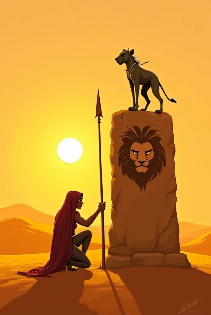 Zainab kneels beside an ancient stone marker in the vast, golden desert. The setting sun casts a long shadow of the carved lion’s head emblem. Her hood friend, Diallo, stands behind her, holding a spear, looking wary. The wind blows sand across the scene, ...