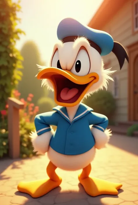 Donald Duck angry . outside the home . Sun . I don’t care 