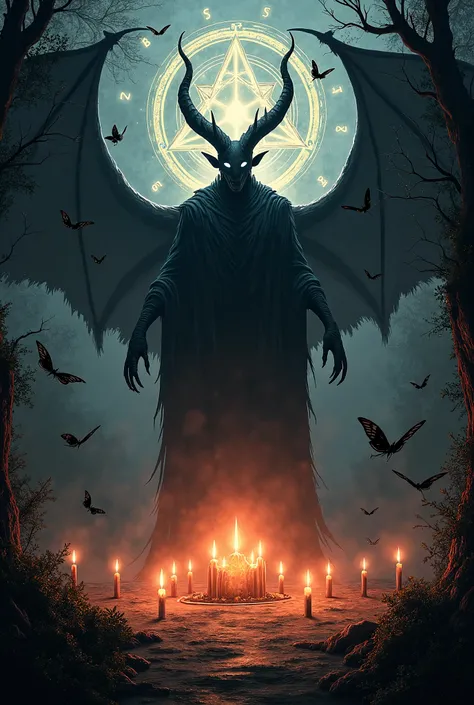 A demon with glowing horns and circles behind him showing demonic writing. Dark background, dark colors, bright glowing lights. Hundreds of black butterflies. Candles on the ground in a circle. Lots of plants in around in the darkness. 