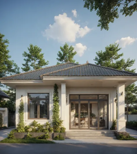 exterior of indochine villa, streetcapes, clear sky, few cloud, interior warm lighting, morning sunlight,minimalist landscaping, featuring lush greenery, textured walls, and natural materials. The villa is set under a blue sky with scattered clouds, casti...
