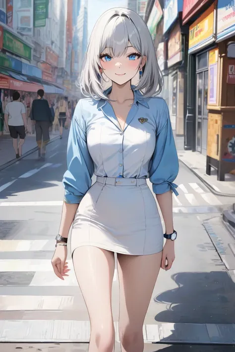  top quality,  masterpiece,   high res, 8k, ( girl),  alone, (((Watch ))),   Silver-haired and blue-eyed ,  Beautiful Russian Girl , Walking through the streets of Akihabara , smile,  light blue mini dress