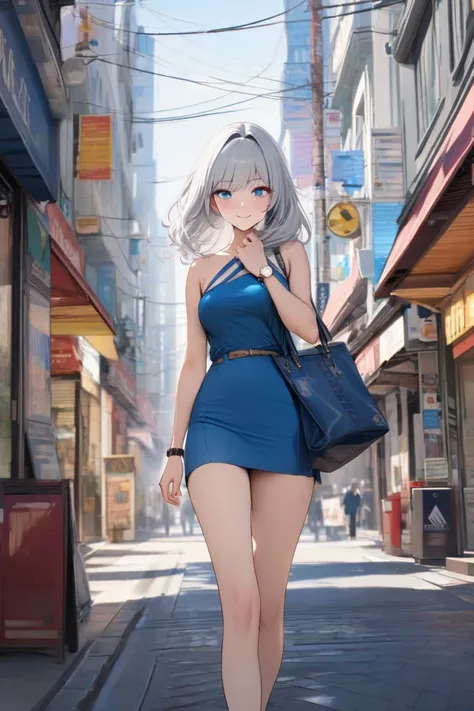  top quality,  masterpiece,   high res, 8k, ( girl),  alone, (((Watch ))),   Silver-haired and blue-eyed ,  Beautiful Russian Girl , Walking through the streets of Akihabara , smile,  light blue mini dress