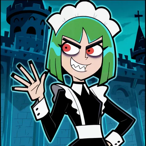 masterpiece, best quality, amazing quality, anime screencap. BREAK. 1girl, solo, smile, green hair, red eyes, sharp teeth, maid headdress, long sleeves, grin, teeth, castle, hand up, upper body, short hair, black nails, ringed eyes, wing collar, black dres...