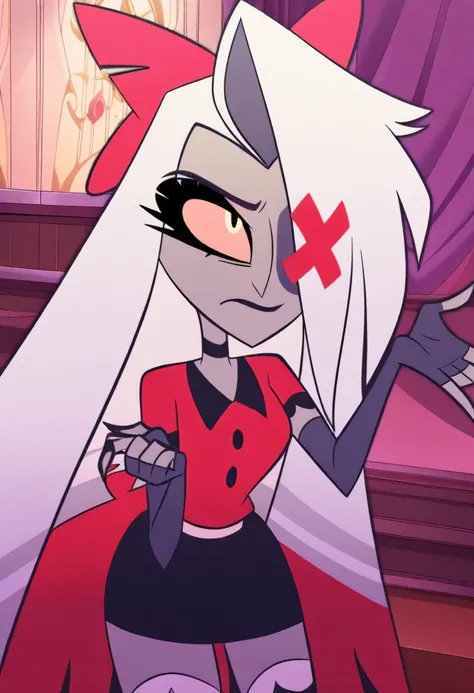 anime screenshot, absurd, high quality, 1 girl, vaggie \(hazbin hotel\), vaggie, grey skin, hair over one eye, white hair, long hair, blowjob, colored sclera, hair bow, X-shaped eye patch, perfect eyes, detailed eyes, high definition eyes, choker, blowjob,...