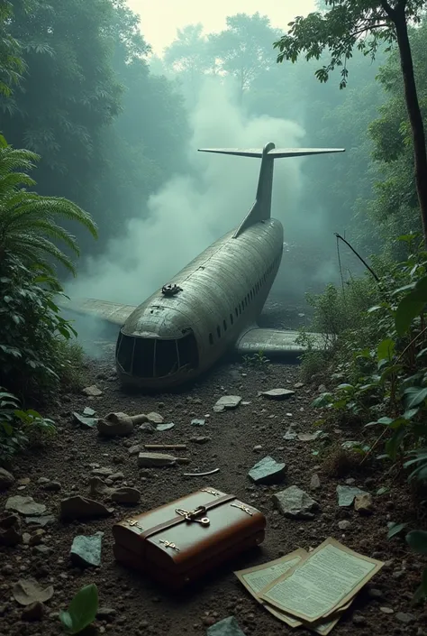 Prompt: "The wreckage of a crashed 1960s airplane lies in a remote jungle, surrounded by smoke and debris. The scene is eerily silent, with broken metal scattered around. A few personal belongings, like a briefcase and papers, are visible among the wreckag...