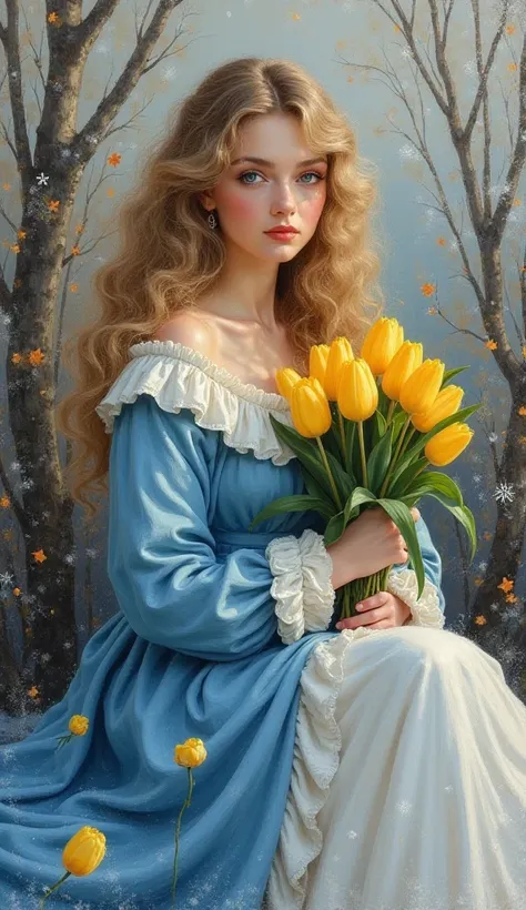  acrylic painting ,  depicting a pretty young woman BEAUTIFUL FACE BEAUTIFUL EYES with curly blond coconuts, sits,  Dressed in a beautiful ,   blue, winter and white clothes,  character in the WINTER garden ,  holding a bouquet in her hands ,yellow tulips 