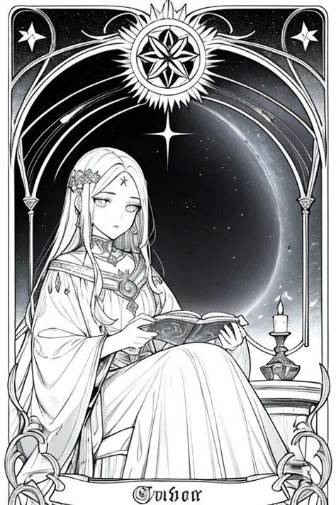 A mystical tarot card reading unfolds in a serene European-inspired setting. A lone girl, her eyes aglow with an otherworldly intensity, sits amidst a soft glow of candlelight. Her lips are painted a radiant blue, like the night sky. The Star symbol shines...