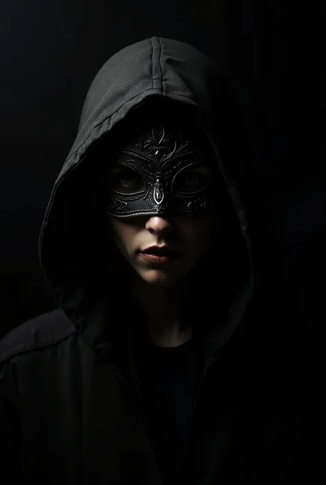 A masked woman with a black background 
