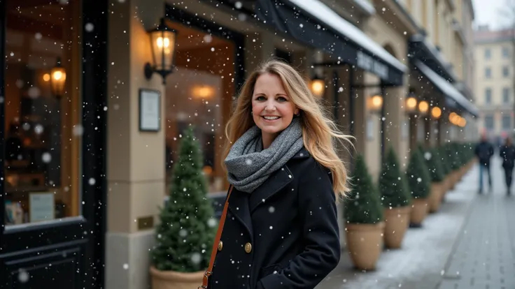 A happy stylish 50 year old slightly curvy woman in a black winter coat and a gray scarf standing outside a European-style café during snowfall. She has a long flowing hair  and carries a small brown handbag. The café exterior features elegant stone walls,...