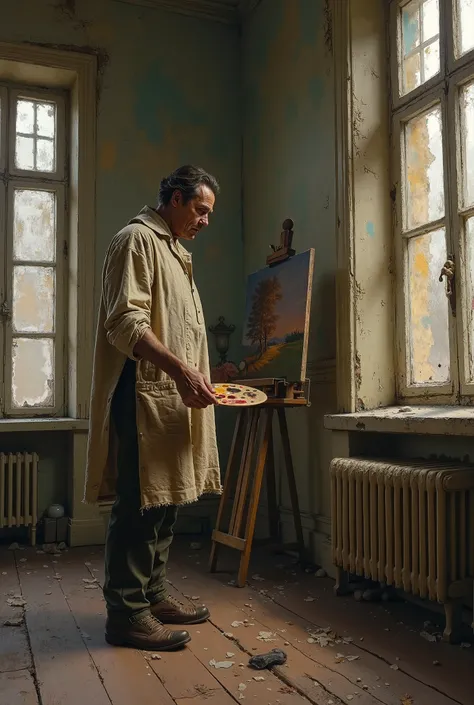 very poor Impressionism artist in old poor classic apartment , in 17 century, classical, neo classic