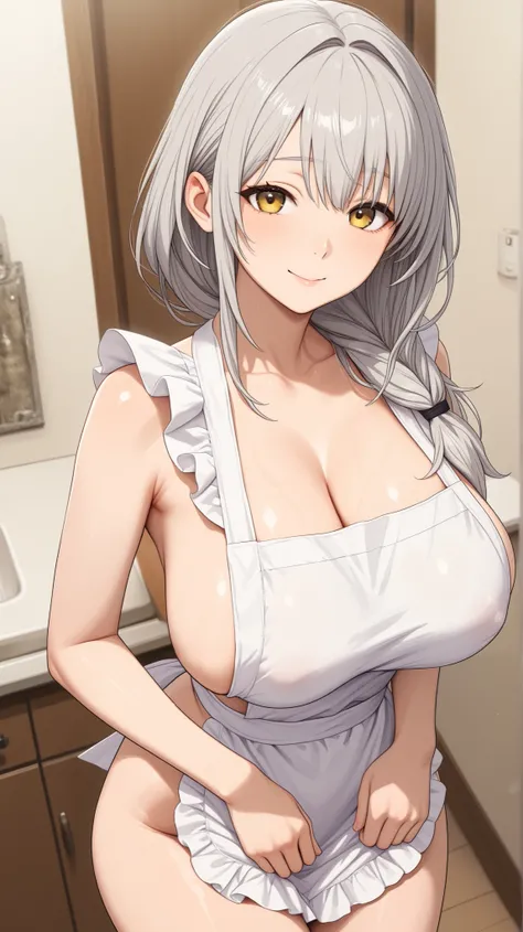  dynamic、 super detailed、Like Japanese hentai、 beautiful、(whole body、daily、Natural body)、( 1 girl:human、mother、Married Woman、Voluptuous、Big Breasts、 whiplash outside the body、Gray Hair、 golden eyes、A gentle and cheerful expression、 naked apron)