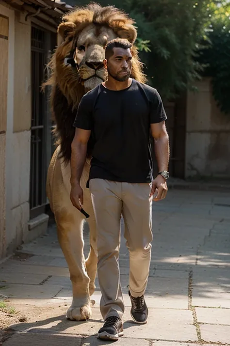 A gaah man walks with a big lion