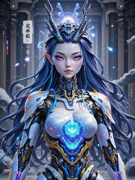 Aorun, Long dark blue hair, a pair of dragon horns on the head, A multi-layered, translucent, mechanical Hui girl robot, robot front, full body shot, gear mechanical structure, translucent frosted material, frosted throughout, acrylic, transparent immersiv...