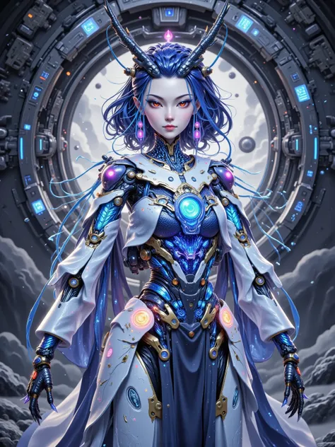 Aorun, Long dark blue hair, a pair of dragon horns on the head, A multi-layered, translucent, mechanical Hui girl robot, robot front, full body shot, gear mechanical structure, translucent frosted material, frosted throughout, acrylic, transparent immersiv...