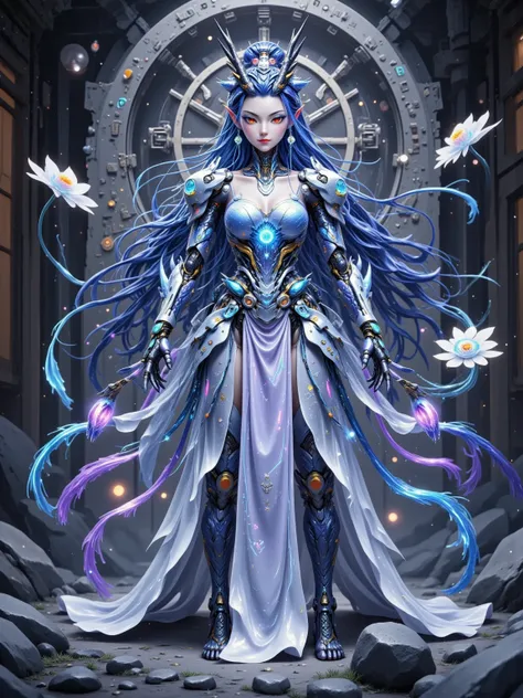 Aorun, Long dark blue hair, a pair of dragon horns on the head, A multi-layered, translucent, mechanical Hui girl robot, robot front, full body shot, gear mechanical structure, translucent frosted material, frosted throughout, acrylic, transparent immersiv...