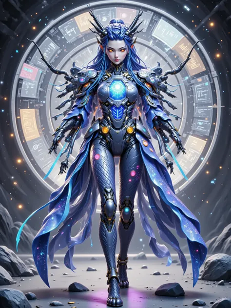 Aorun, Long dark blue hair, a pair of dragon horns on the head, A multi-layered, translucent, mechanical Hui girl robot, robot front, full body shot, gear mechanical structure, translucent frosted material, frosted throughout, acrylic, transparent immersiv...