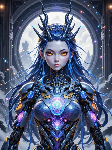 Aorun, Long dark blue hair, a pair of dragon horns on the head, A multi-layered, translucent, mechanical Hui girl robot, robot front, full body shot, gear mechanical structure, translucent frosted material, frosted throughout, acrylic, transparent immersiv...