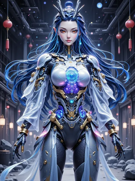 Aorun, Long dark blue hair, a pair of dragon horns on the head, A multi-layered, translucent, mechanical Hui girl robot, robot front, full body shot, gear mechanical structure, translucent frosted material, frosted throughout, acrylic, transparent immersiv...