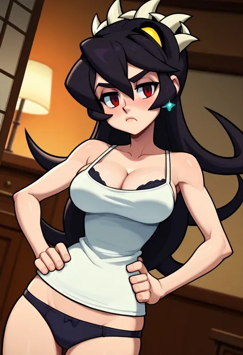 score_9, score_8_up, score_7_up, anime screencap, source_anime, 1girl, solo, Filia Skullgirls, black hair, red eyes, long hair, hair between eyes, thick eyebrows, earrings, camisole, standing, hands on hips, pout, looking at viewer, blush, dutch angle, bed...