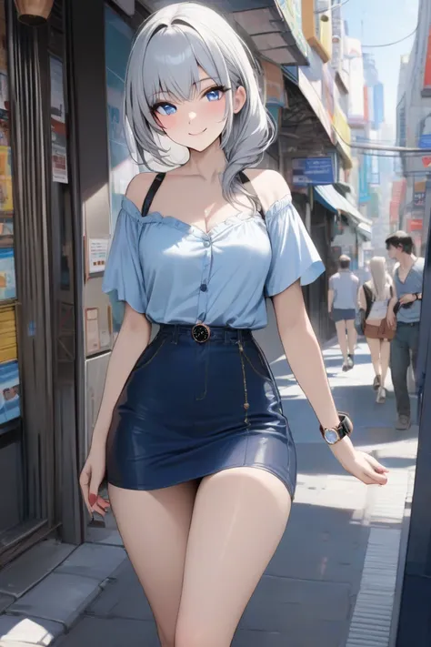  top quality,  masterpiece,   high res, 8k, ( girl),  alone, (((Watch ))),   Silver-haired and blue-eyed ,  Beautiful Russian Girl , Walking through the streets of Akihabara , smile,  light blue mini dress