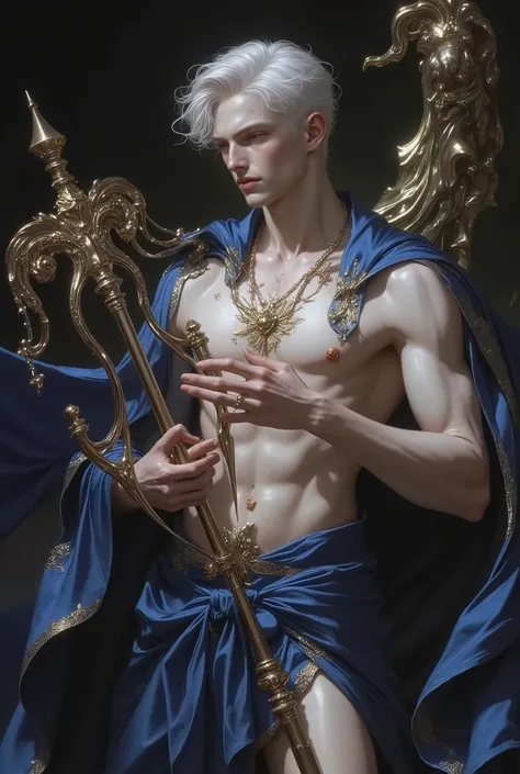 handsome young wizards playing the harp, wearing a deep azure blue loincloth that leaves your abdomen exposed, his legs exposed .He has Balayage, Thick Side Swept Fringe with Cropped Sides hair that falls naturally, catching the light with a soft shine tha...