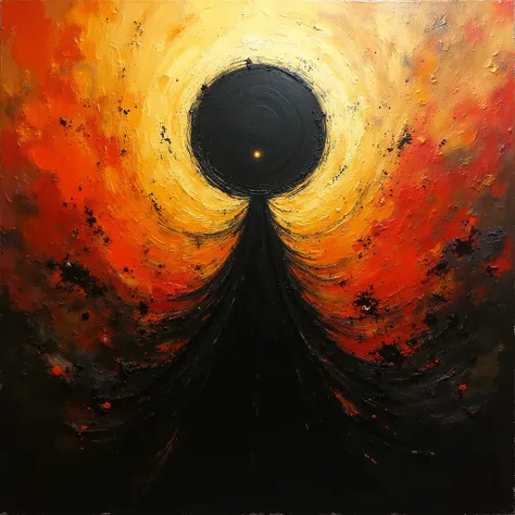 A vibrant and abstract painting featuring A Black Shadow. The background is an explosion of bold, textured colors, with fiery Gold, deep black, and dark gold together in a dramatic and expressive manner. The brushstrokes are bold and dynamic, giving the ar...