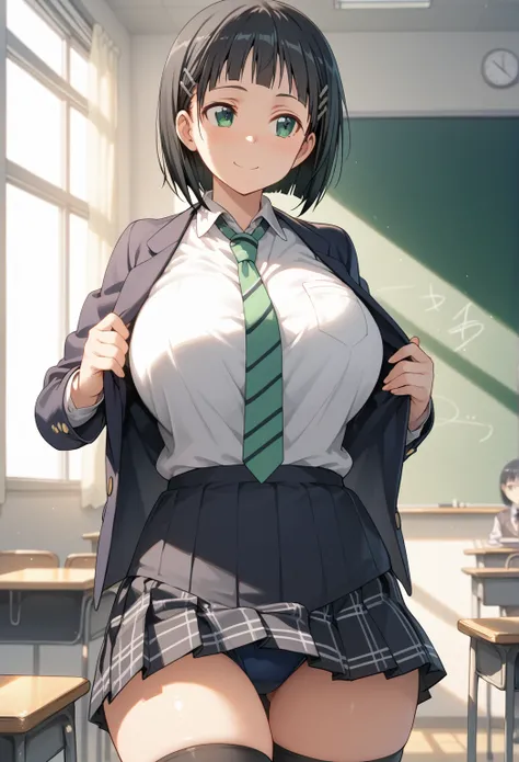 1girl, suguha kirigaya, short hair, black hair, hair ornament, hairclip, green eyes, huge breast, curvy, school uniform, vest, open blazer, tie, pleats skirt, checked skirt, (bursty breasts:1.2), plump, thigh highs, smile, looking away, from avobe, indoor,...