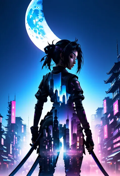 matepiece, silhouette, kunoichi, logo, monotony, moon, double exposure, cyberpunk city, depth of field, holographic sheen effect, from below, low angle shot, masterpiece, insanely detailed, exquisite, hyper detailed, masterpiece, best quality, high quality...