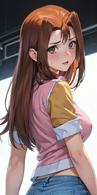  1 female, high definition, High resolution,  ultra-realistic  ,8K,serenidaddm ,  gray eyes, long hair,  brown hair,   pink shirt , pantalones cortos azules,European,sexy, close up of the upper body ,  photographed from the front , Dynamic Angles ,blush,  ...