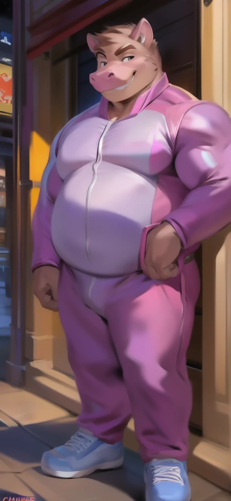  alone , Male tall , Big torso ,posture, Standing , The street Land of magic pire,pink hippo ,portrait pose,pink Military Spacesuit,  Overweight ,  Muscle Bundle, Smirk, eyes on the forehead, by chunie 