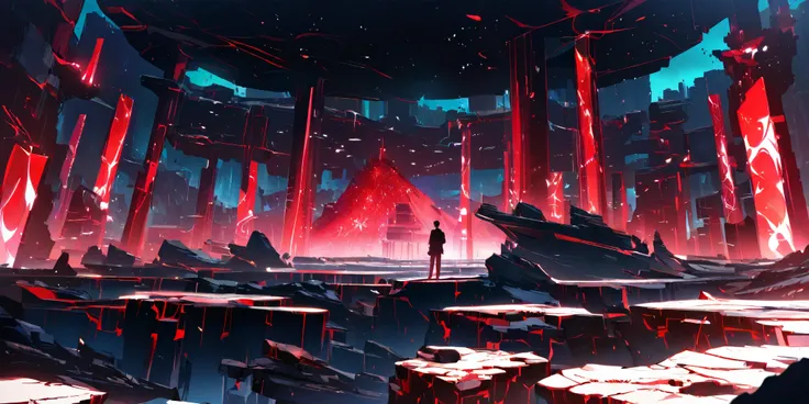 "A young boy, around , standing in a vast, underground wasteland. The ceiling above is covered in massive crimson-red crystals that cast a deep, glowing red light across the landscape. The atmosphere is thick and saturated with red hues, creating an eerie,...