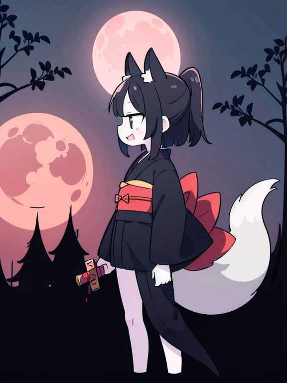 ((Best masterpiece, Perfect quality, Ultra detailed)), A fox girl with skinny body, With black straight hair, Black big fox ears, With bloodless skin, Pale skin, Scars on her face, Putting on a black kimono, Holding a short katana, Bloody blade, Standing a...