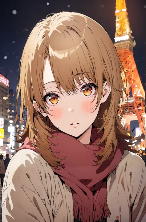 Irohaisshiki, Isshiki Iroha , long hair,  brown hair,  brown eyes, close,blush, White Breath,White Coat, sweater, red scarf,snow, Tokyo Tower ,building,Black long skirt, Bbo~, standing,whole bodyがイラストに入るように,
break outdoors, City,
break looking at viewer,wh...