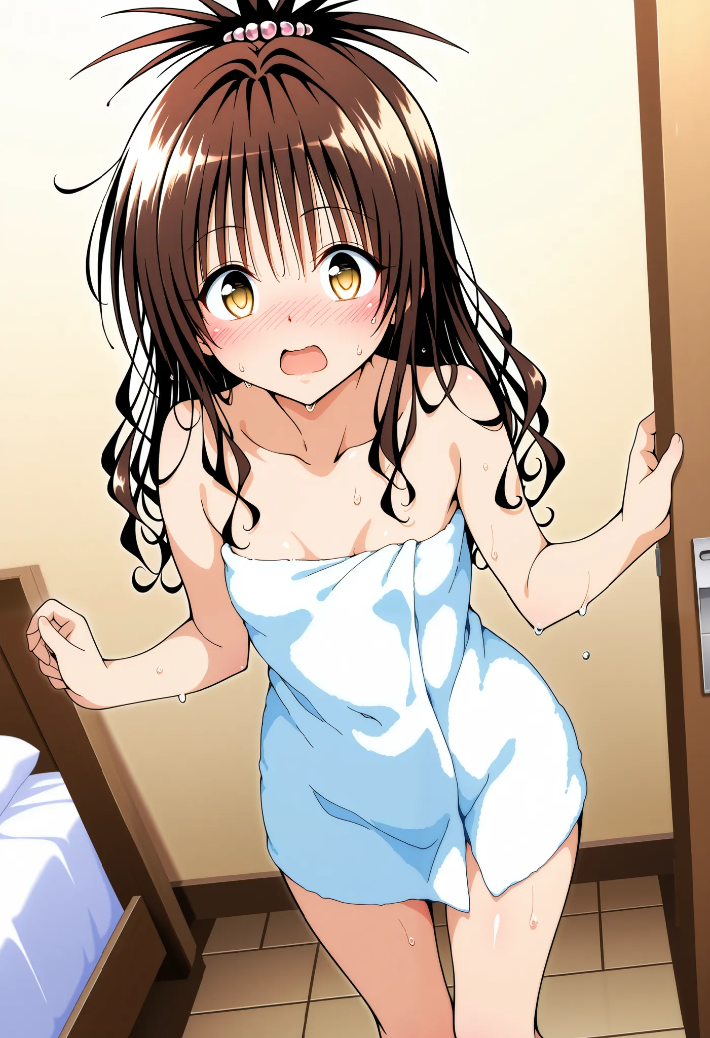 1girl, yuuki mikan, to love-ru, brown hair, yellow eyes, wide-eyed, hair ornaments, long hair, topknot, wavy hair, small breasts, anime coloring,a surprised face,  open mouth, nose blush, blush, looking at viewer, , naked towel, wet hair, wet skin, indoor,...