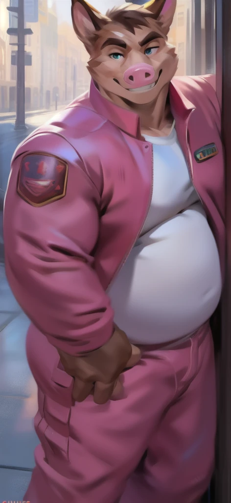  alone , Male tall , Big torso ,posture, Standing , The street Land of pire,pink pig ,portrait pose,pink Military Spacesuit,  Overweight ,  Muscle Bundle, Smirk, eyes on the forehead, by chunie 