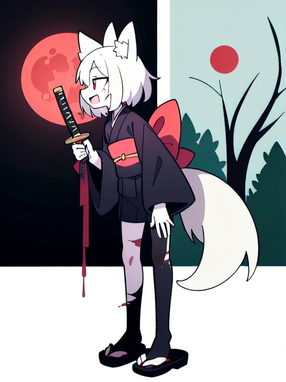 ((Best masterpiece, Perfect quality, Ultra detailed)), A fox girl with skinny body, With black straight hair, Black big fox ears, With bloodless skin, Pale skin, Scars on her face, Putting on a black kimono, Holding a short katana, Bloody blade, Standing a...