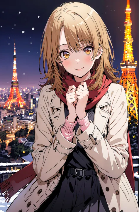 Irohaisshiki, Isshiki Iroha , long hair,  brown hair,  brown eyes,smile, close your mouth,blush, White Breath,White Coat, sweater, red scarf,snow, Tokyo Tower ,building,Black long skirt, Bbo~, standing,whole bodyがイラストに入るように,
break outdoors, City,
break loo...