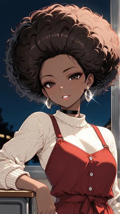 1Girl, Mature, Ebony, African American, Dark Skin, Jet Black Afro, Big Afro, Dark Brown Eyes, White Nails, Dark Brown Eye Shadow, Medium Chest, Red dress, Black Cropped Button-Up Sweater, Black Choker, Looking At Viewer, Bored, Light Smile, Teeth, Parted L...