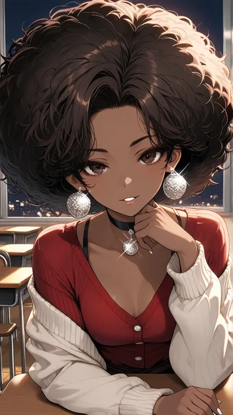 1Girl, Mature, Ebony, African American, Dark Skin, Jet Black Afro, Big Afro, Dark Brown Eyes, White Nails, Dark Brown Eye Shadow, Medium Chest, Red dress, Black Cropped Button-Up Sweater, Black Choker, Looking At Viewer, Bored, Light Smile, Teeth, Parted L...