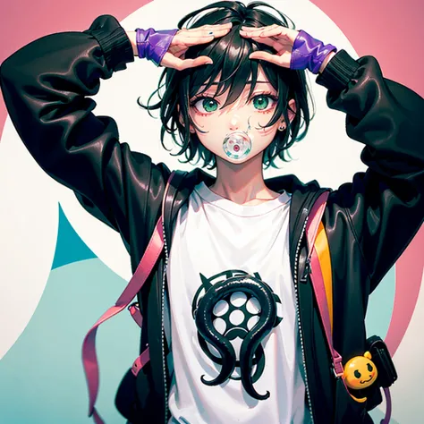 ( top quality,  masterpiece:1.2),  1 boy, Rainbow,   black hair,  Green Eyes, Alone,  short hair,  black jacket with tentacles and arms,  backpack,  closed my mouth,  upper body,  hair between eyes,