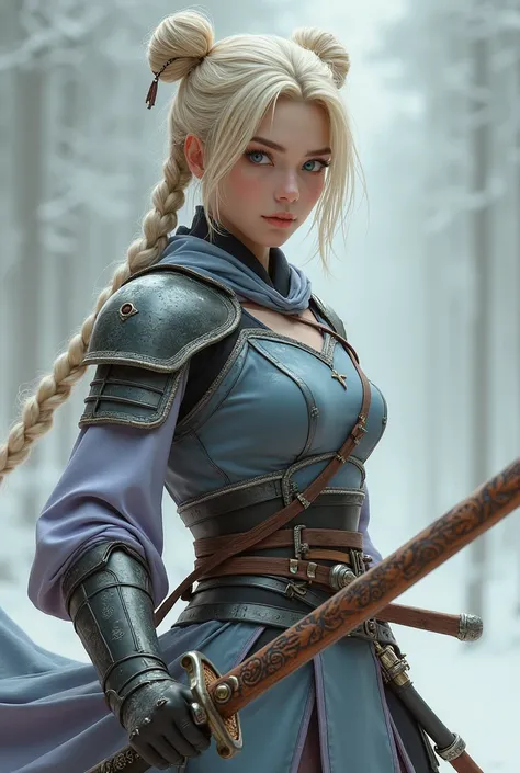 Character. Asian,with Scandinavian traits. Female. Blonde hair, in twin buns and braids,bangs.. Bright blue eyes. Tall, 5'6". Slim. Athletic. Anatomically Correct,  wearing, asian styled clothing, gray, lavender, sky blue. Armoured, mid section, shoulders,...