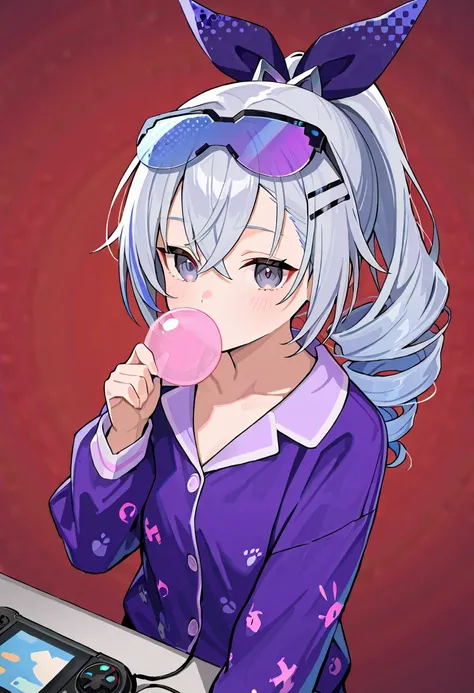  Silver Hair、 ponytail、 drill hair、The Silver Wolf of Collapse Star Rail、Game、Gaming PC、Gaming device 、 inflating bubble gum、lofi、 pajamas