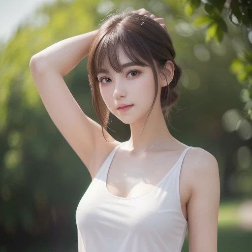 pure 20 year old girl 、(( white tank top ,  Dramatic Poses)),smile,Shortcut, nature park 、 RAW Photo, (8k、 top quality、​masterpiece:1.2)、( delicate details:1.4)、( photorealistic:1.4)、 Octane Rendering 、 complex 3d rendering super detailed,  wearing a soft ...